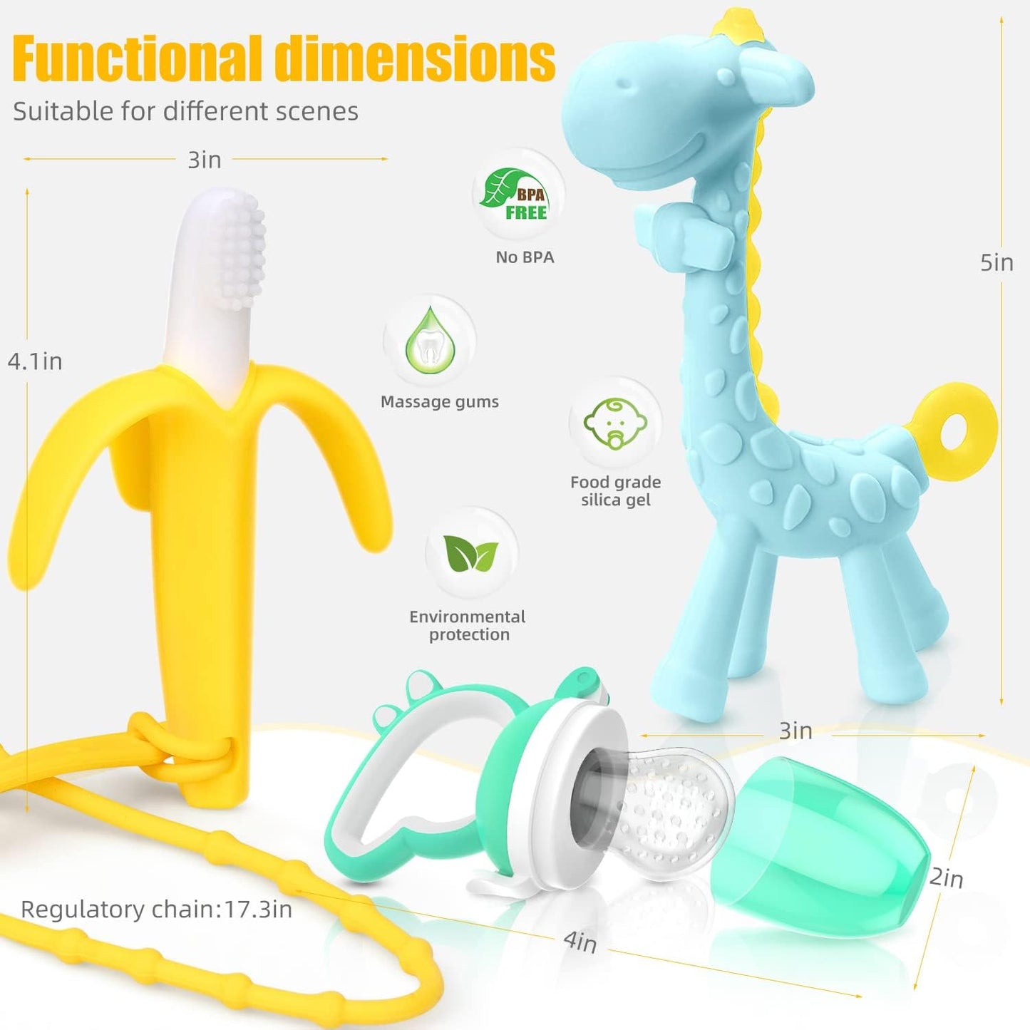 Baby Teething Toys and Natural Organic Fruit Feeder Pacifier/Baby Teether Chew Toys Fresh Food Feeder/ 1 Teethers and 1 Feeder with 3 Silicone Sacs (Blue)