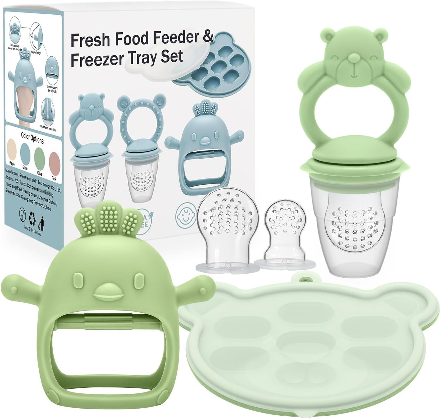 3 Pack Baby Fruit Food Feeder & Freezer Tray Set and Silicone Teething Toy for Babies, BPA Free Infant Teething Relief Toy for 3+ Months, Additional Silicone Sacs
