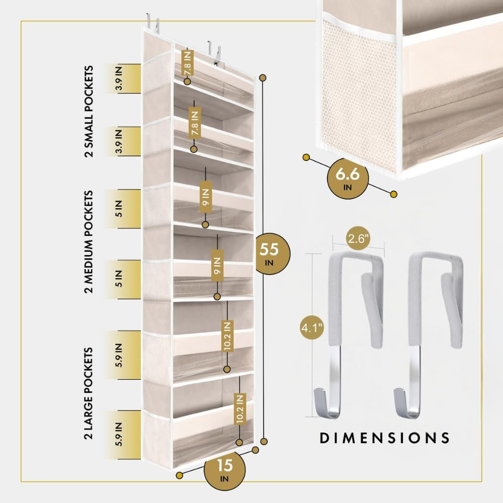 2 PC Heavy Duty over the Door Organizer 55X14X6.7, 6 Large Front & 12 Side Pockets, Hanging Storage Closet Door Organizer for Bedroom, Bathroom and Baby Nursery Storage (Ivory)