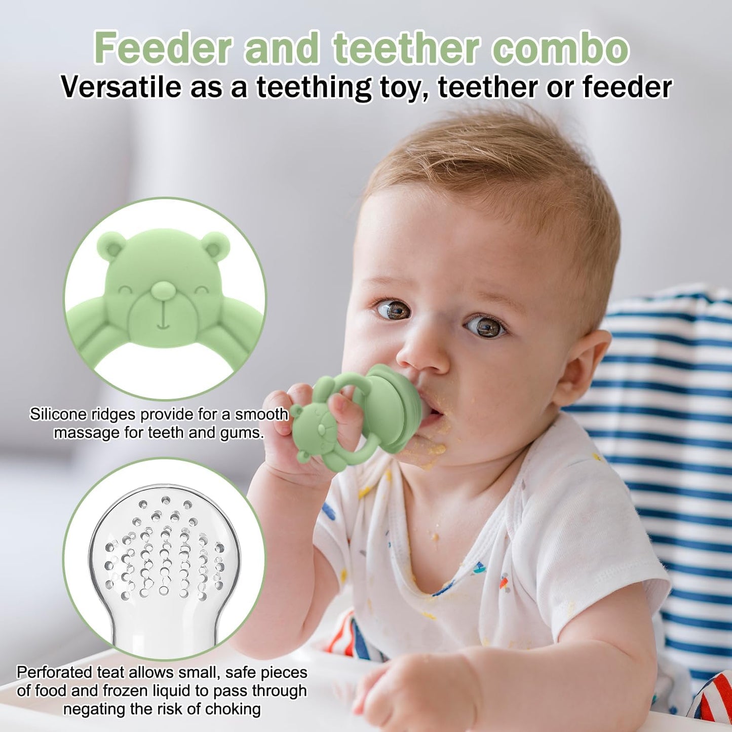 3 Pack Baby Fruit Food Feeder & Freezer Tray Set and Silicone Teething Toy for Babies, BPA Free Infant Teething Relief Toy for 3+ Months, Additional Silicone Sacs