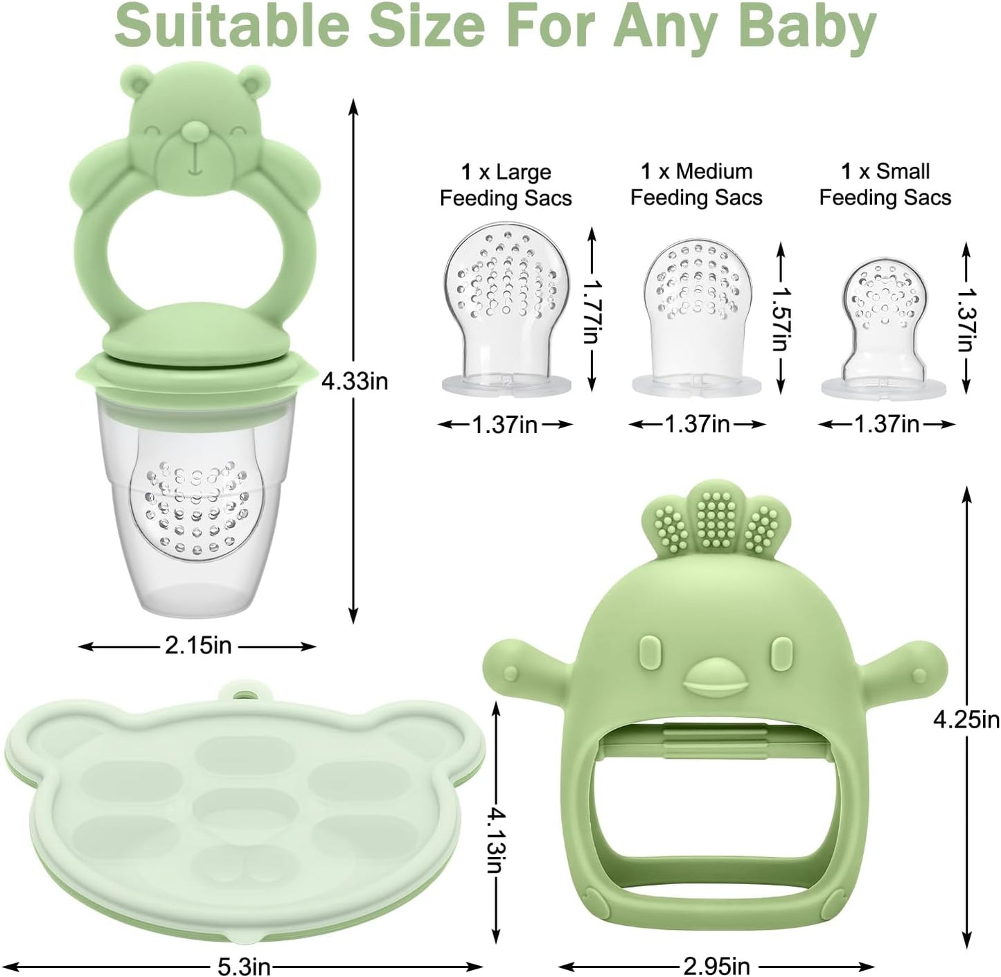 3 Pack Baby Fruit Food Feeder & Freezer Tray Set and Silicone Teething Toy for Babies, BPA Free Infant Teething Relief Toy for 3+ Months, Additional Silicone Sacs