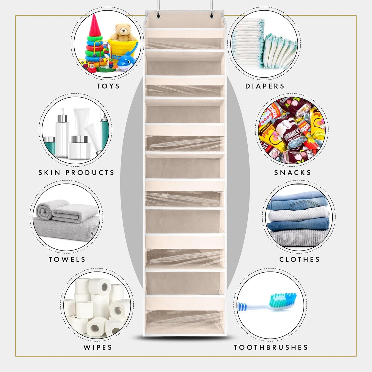 2 PC Heavy Duty over the Door Organizer 55X14X6.7, 6 Large Front & 12 Side Pockets, Hanging Storage Closet Door Organizer for Bedroom, Bathroom and Baby Nursery Storage (Ivory)