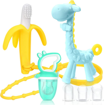 Baby Teething Toys and Natural Organic Fruit Feeder Pacifier/Baby Teether Chew Toys Fresh Food Feeder/ 1 Teethers and 1 Feeder with 3 Silicone Sacs (Blue)