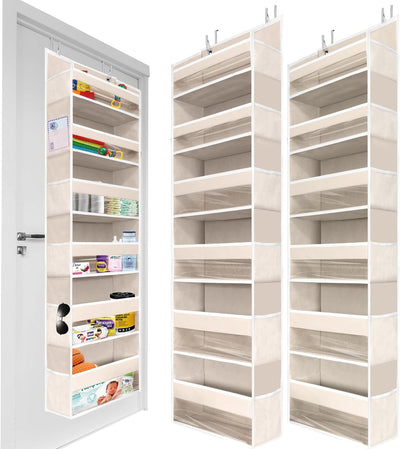 2 PC Heavy Duty over the Door Organizer 55X14X6.7, 6 Large Front & 12 Side Pockets, Hanging Storage Closet Door Organizer for Bedroom, Bathroom and Baby Nursery Storage (Ivory)