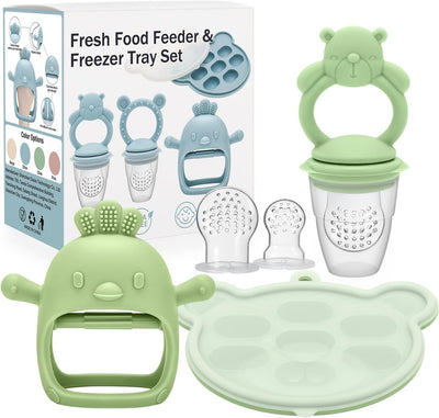 3 Pack Baby Fruit Food Feeder & Freezer Tray Set and Silicone Teething Toy for Babies, BPA Free Infant Teething Relief Toy for 3+ Months, Additional Silicone Sacs